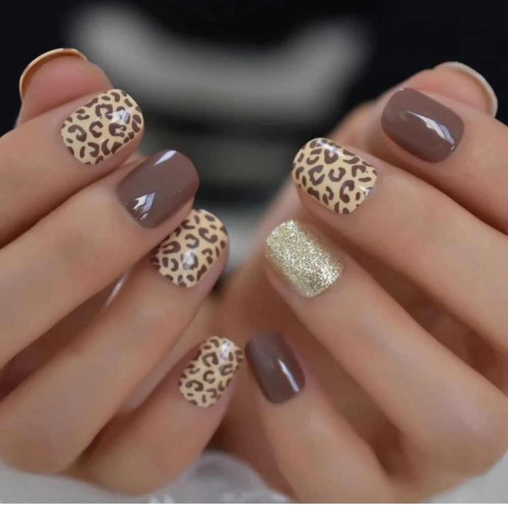 Leopard Print & Gold Glitter Press-On Nails | Brown Neutral Set | 24pcs